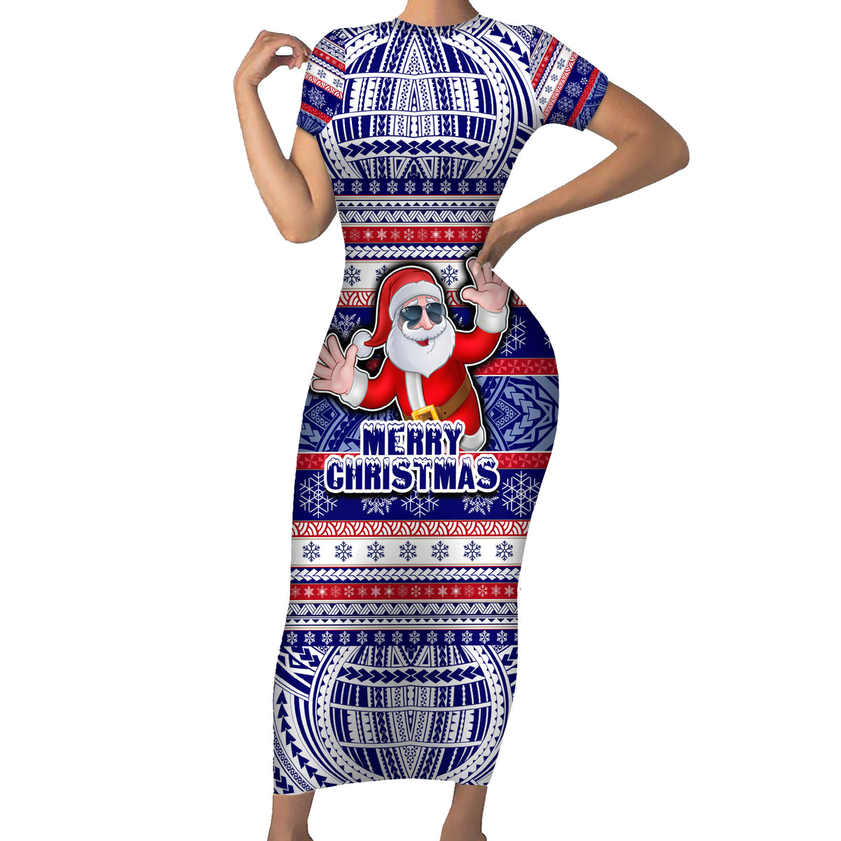 Custom American Samoa Christmas Short Sleeve Bodycon Dress Samoan Coat of Arms and Cool Santa Ornament Style LT03 Long Dress Blue - Polynesian Pride