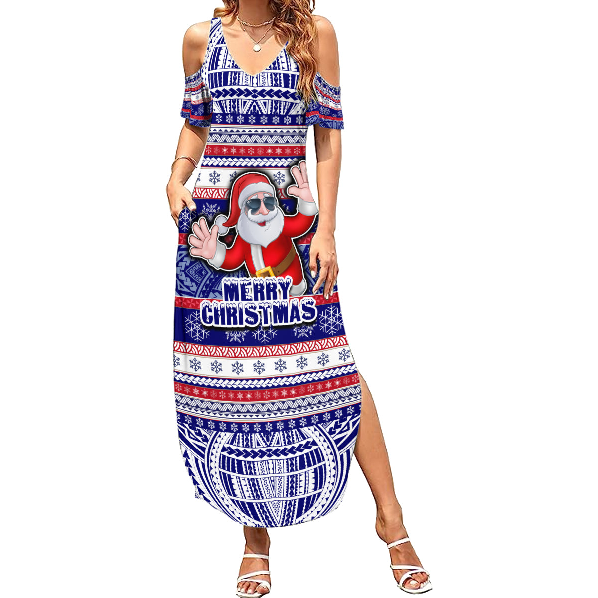 Custom American Samoa Christmas Summer Maxi Dress Samoan Coat of Arms and Cool Santa Ornament Style LT03 Women Blue - Polynesian Pride