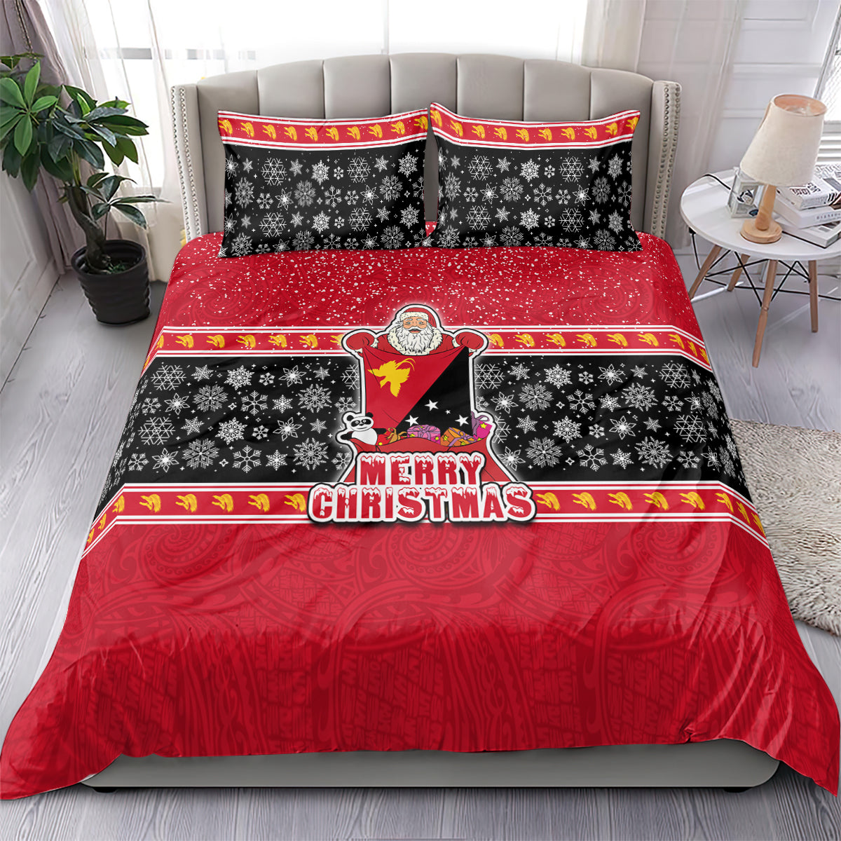 Papua New Guinea Christmas Bedding Set Santa With Flag Of PNG Polynesian Tribal Xmas Vibe LT03 - Polynesian Pride