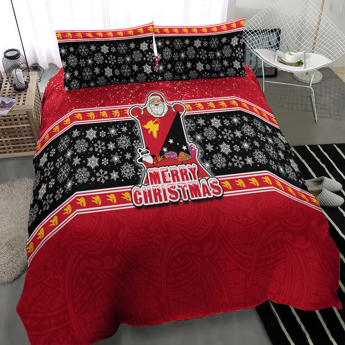Papua New Guinea Christmas Bedding Set Santa With Flag Of PNG Polynesian Tribal Xmas Vibe LT03 - Polynesian Pride