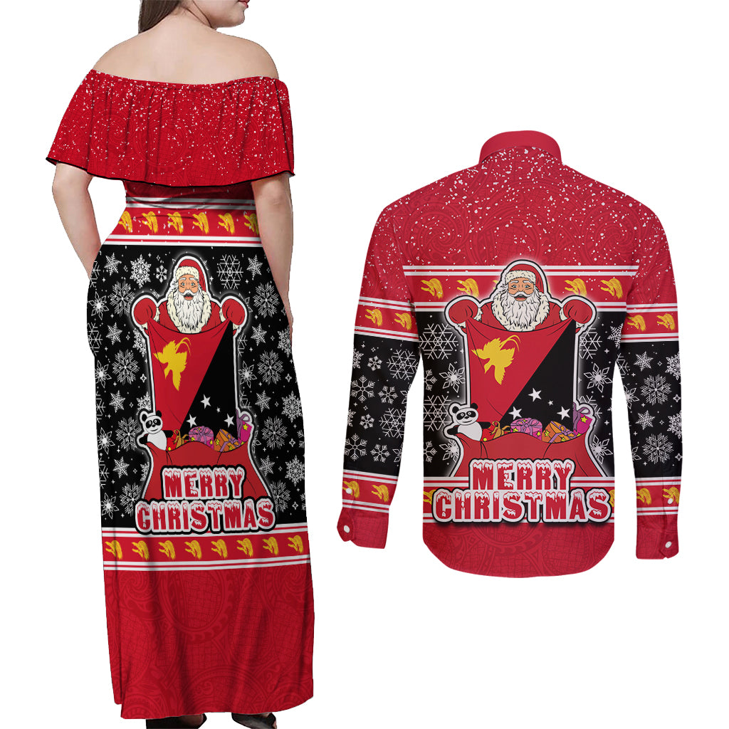 Papua New Guinea Christmas Couples Matching Off Shoulder Maxi Dress and Long Sleeve Button Shirts Santa With Flag Of PNG Polynesian Tribal Xmas Vibe LT03 - Polynesian Pride