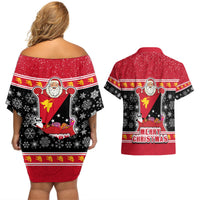 Papua New Guinea Christmas Couples Matching Off Shoulder Short Dress and Hawaiian Shirt Santa With Flag Of PNG Polynesian Tribal Xmas Vibe LT03 - Polynesian Pride