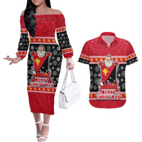 Papua New Guinea Christmas Couples Matching Off The Shoulder Long Sleeve Dress and Hawaiian Shirt Santa With Flag Of PNG Polynesian Tribal Xmas Vibe LT03 Red - Polynesian Pride
