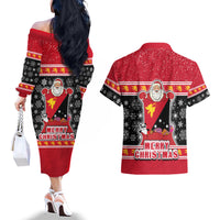 Papua New Guinea Christmas Couples Matching Off The Shoulder Long Sleeve Dress and Hawaiian Shirt Santa With Flag Of PNG Polynesian Tribal Xmas Vibe LT03 - Polynesian Pride