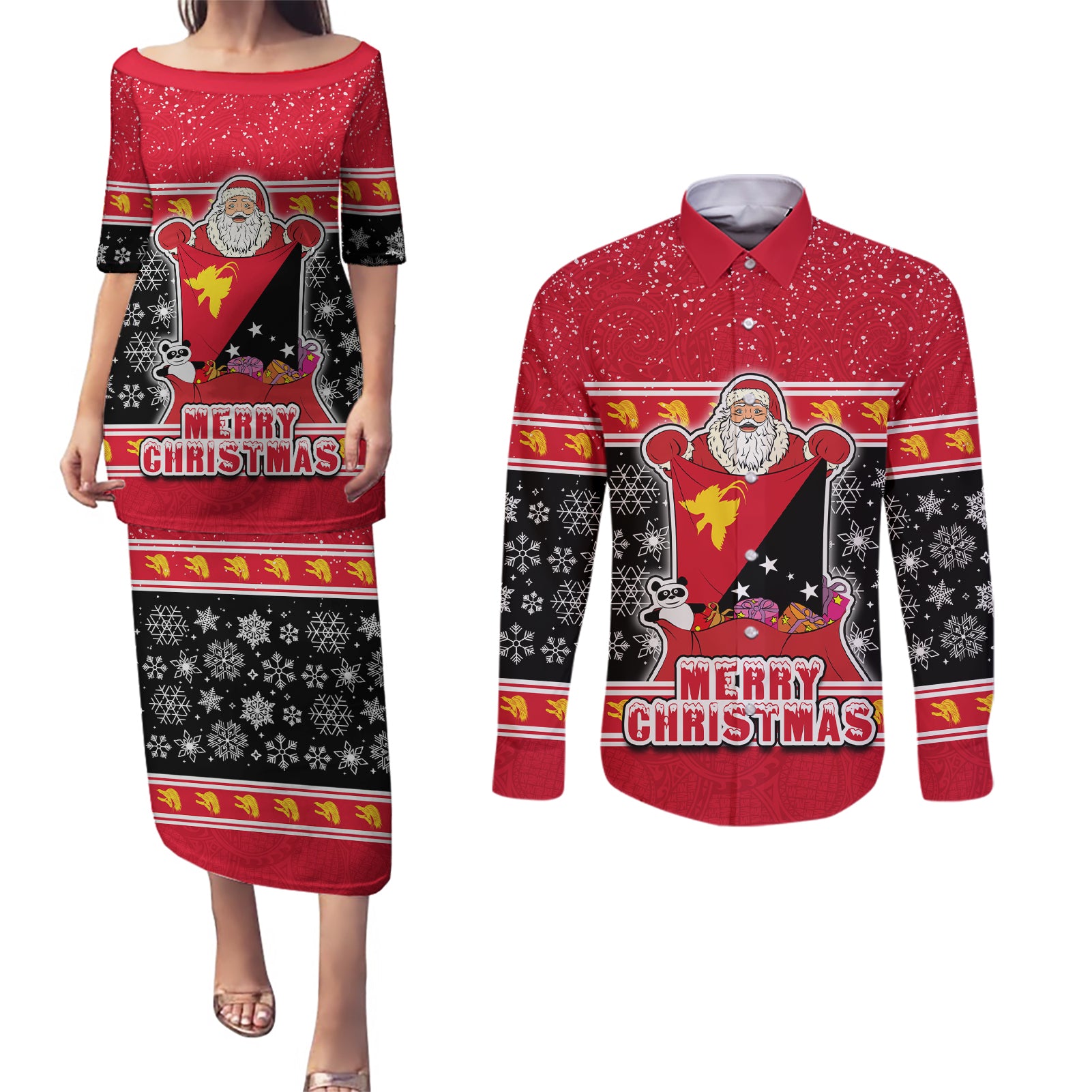 Papua New Guinea Christmas Couples Matching Puletasi Dress and Long Sleeve Button Shirts Santa With Flag Of PNG Polynesian Tribal Xmas Vibe LT03 Red - Polynesian Pride