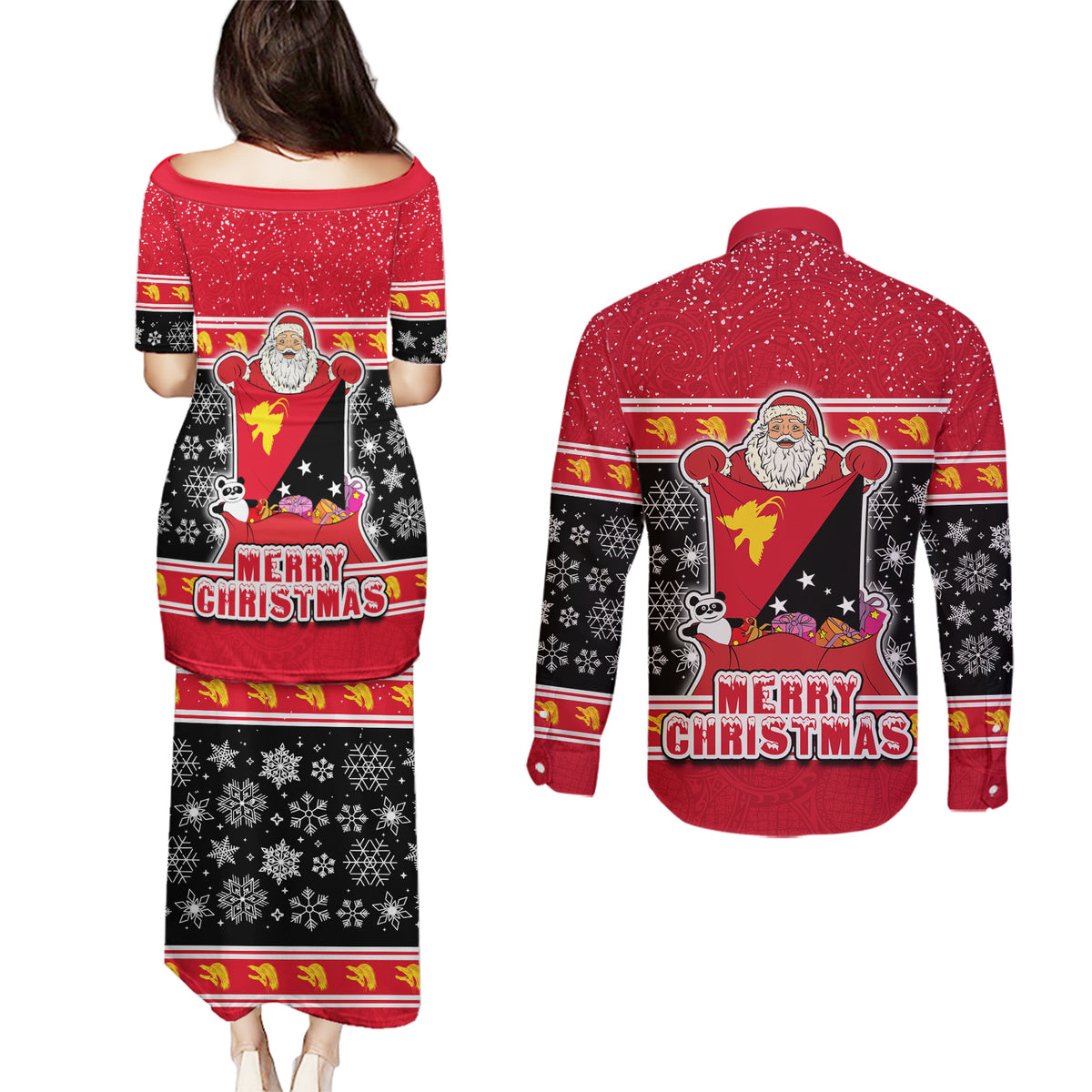 Papua New Guinea Christmas Couples Matching Puletasi Dress and Long Sleeve Button Shirts Santa With Flag Of PNG Polynesian Tribal Xmas Vibe LT03 - Polynesian Pride