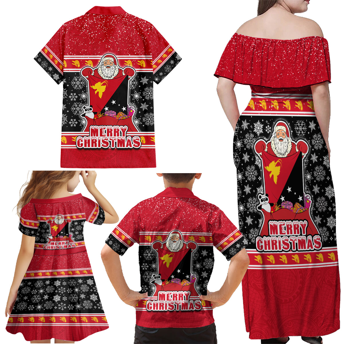 Papua New Guinea Christmas Family Matching Off Shoulder Maxi Dress and Hawaiian Shirt Santa With Flag Of PNG Polynesian Tribal Xmas Vibe LT03 - Polynesian Pride