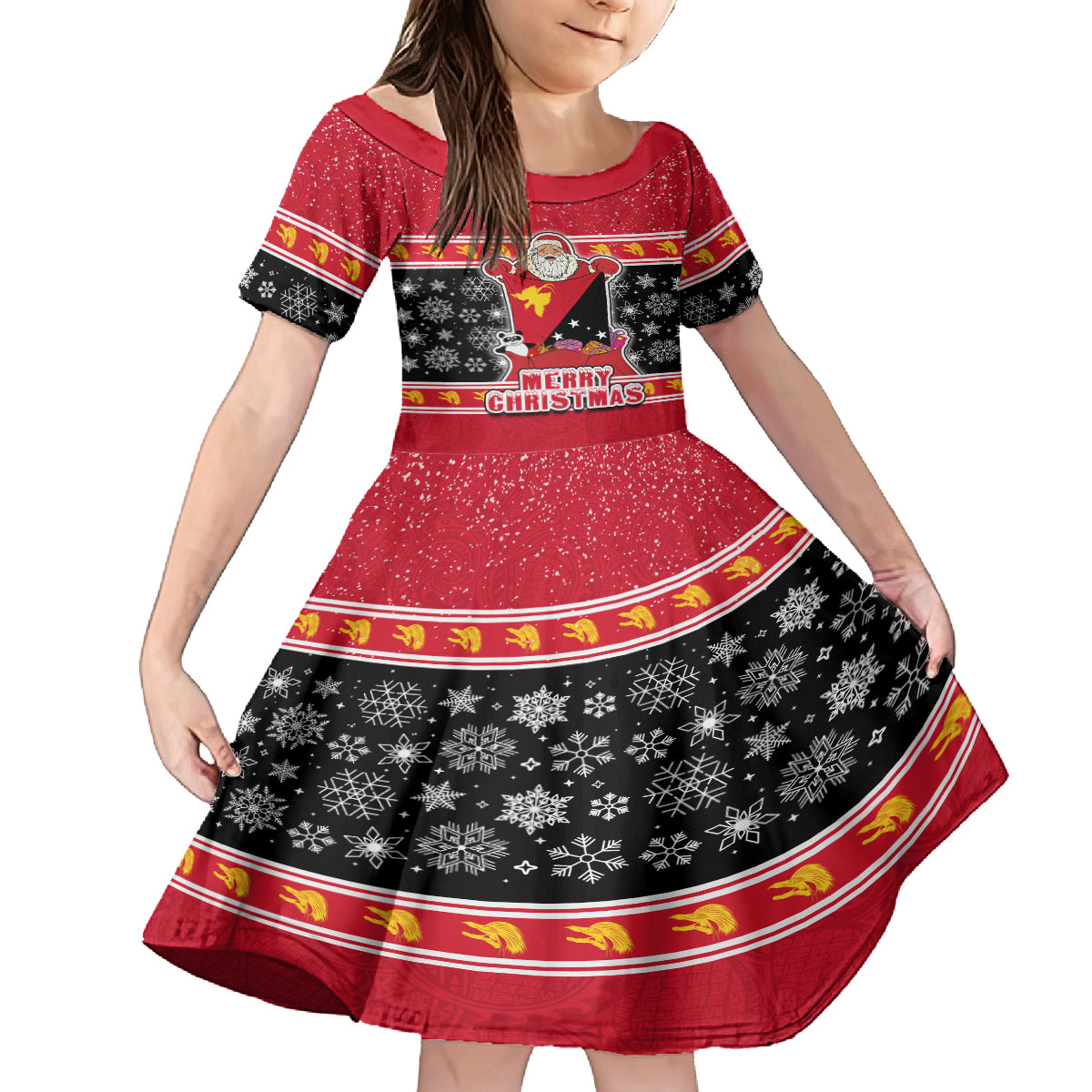 Papua New Guinea Christmas Family Matching Off Shoulder Short Dress and Hawaiian Shirt Santa With Flag Of PNG Polynesian Tribal Xmas Vibe LT03 Daughter's Dress Red - Polynesian Pride