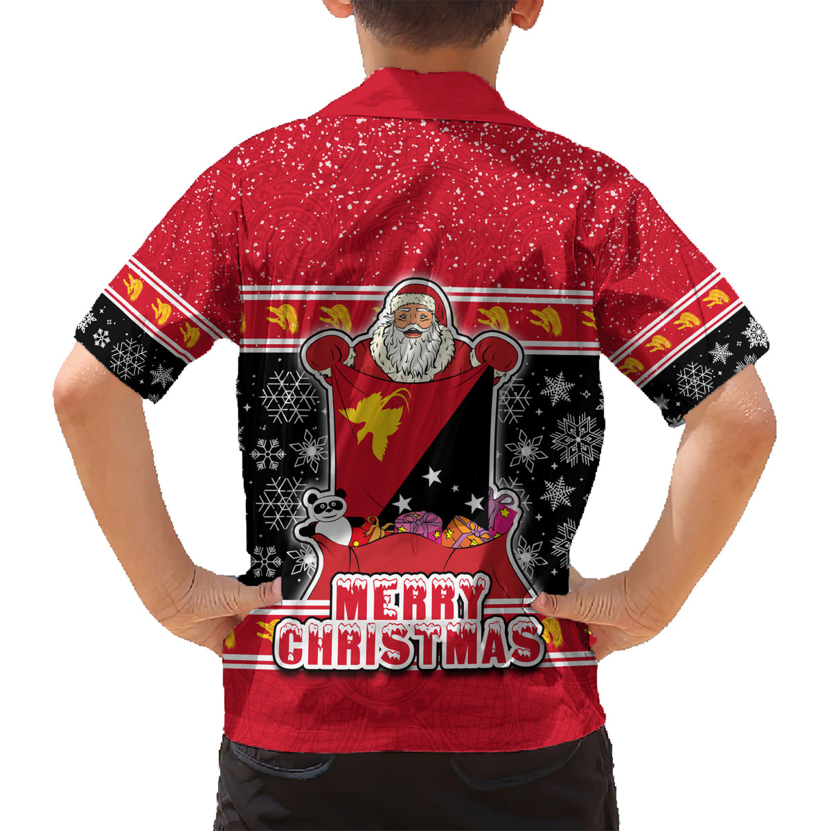 Papua New Guinea Christmas Family Matching Short Sleeve Bodycon Dress and Hawaiian Shirt Santa With Flag Of PNG Polynesian Tribal Xmas Vibe LT03 - Polynesian Pride