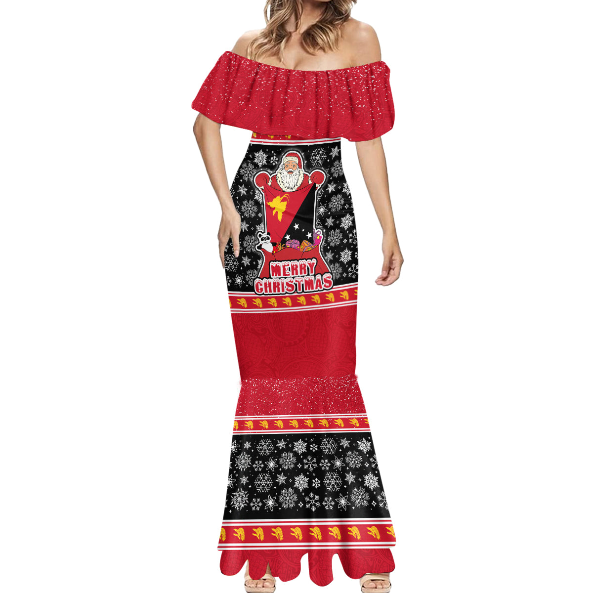 Papua New Guinea Christmas Mermaid Dress Santa With Flag Of PNG Polynesian Tribal Xmas Vibe LT03 - Polynesian Pride