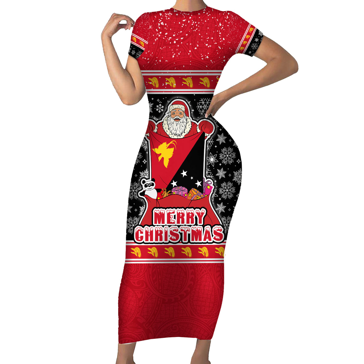 Papua New Guinea Christmas Short Sleeve Bodycon Dress Santa With Flag Of PNG Polynesian Tribal Xmas Vibe LT03 Long Dress Red - Polynesian Pride
