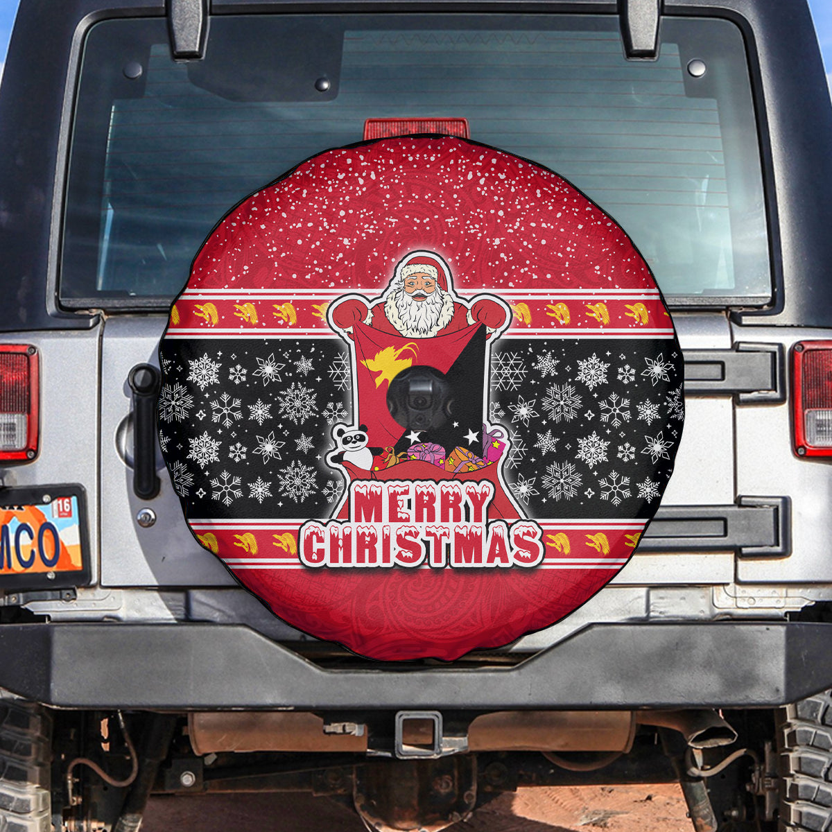Papua New Guinea Christmas Spare Tire Cover Santa With Flag Of PNG Polynesian Tribal Xmas Vibe LT03 - Polynesian Pride