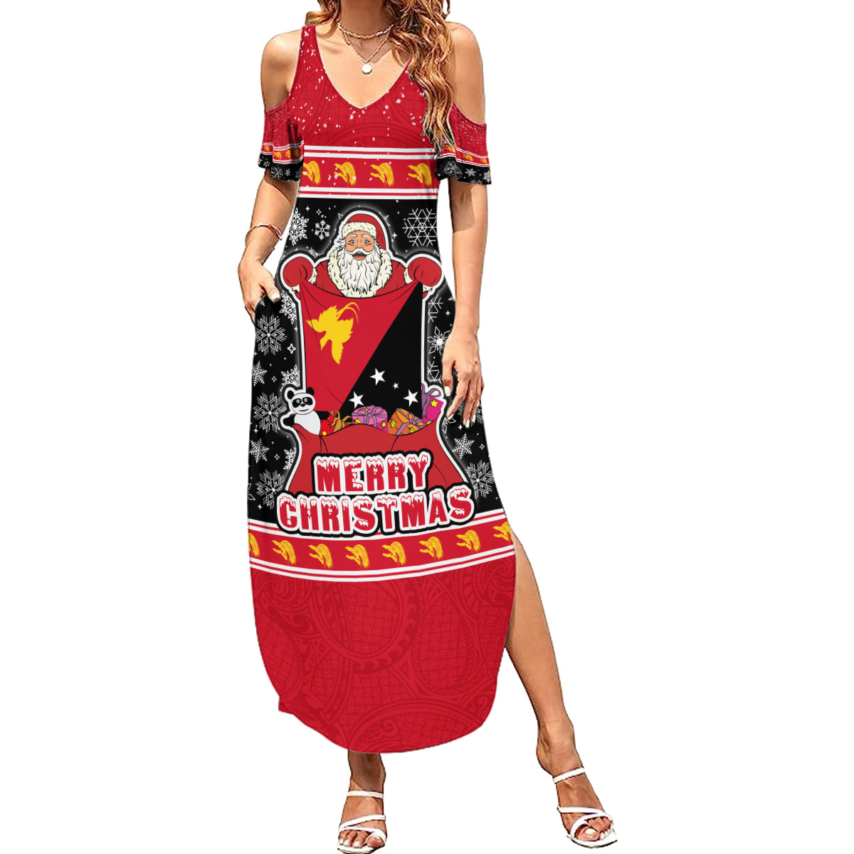 Papua New Guinea Christmas Summer Maxi Dress Santa With Flag Of PNG Polynesian Tribal Xmas Vibe LT03 Women Red - Polynesian Pride