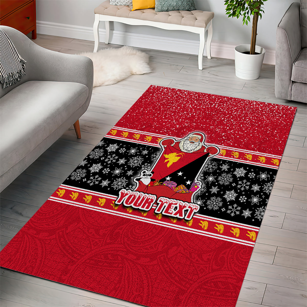 Custom Papua New Guinea Christmas Area Rug Santa With Flag Of PNG Polynesian Tribal Xmas Vibe LT03 - Polynesian Pride