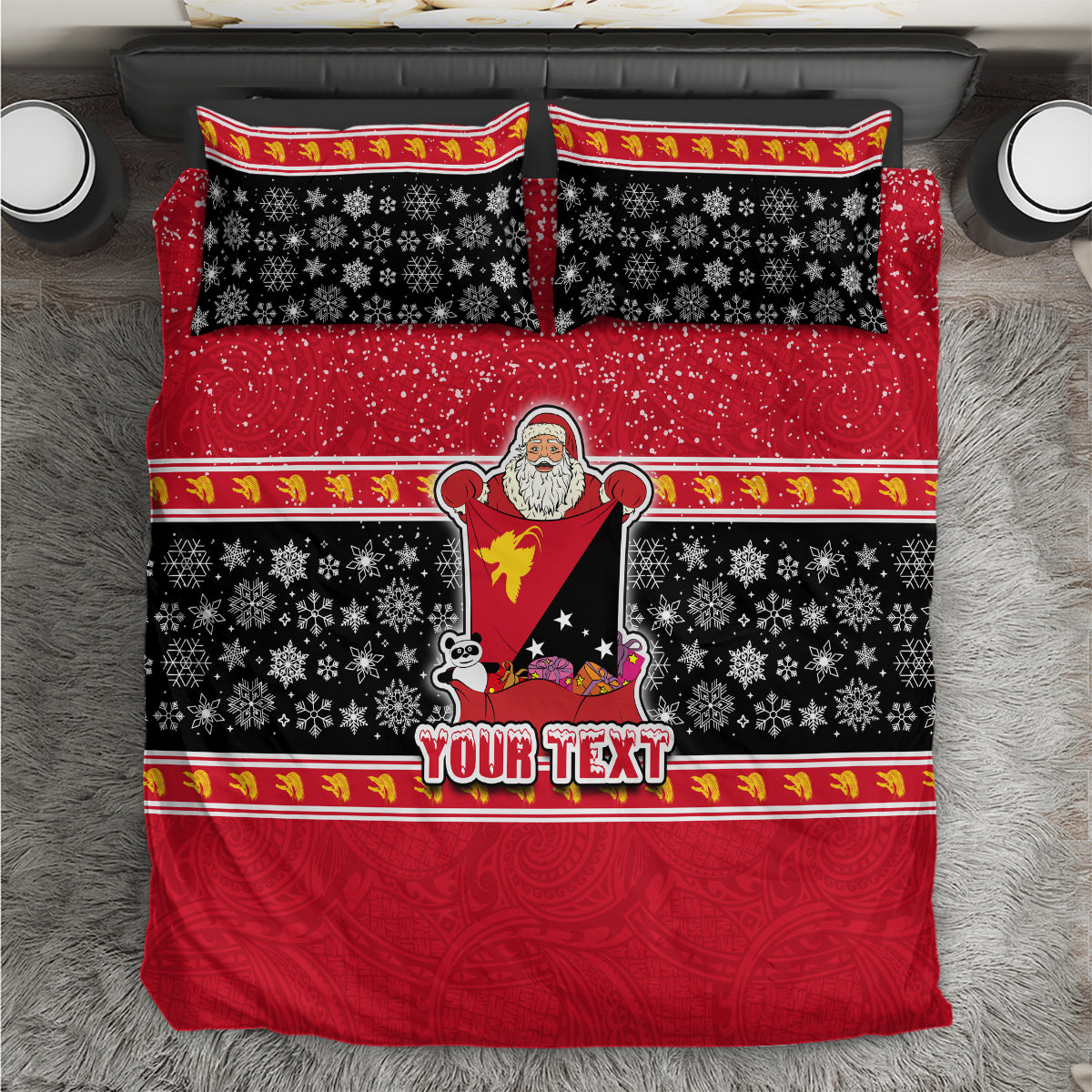 Custom Papua New Guinea Christmas Bedding Set Santa With Flag Of PNG Polynesian Tribal Xmas Vibe LT03 Red - Polynesian Pride