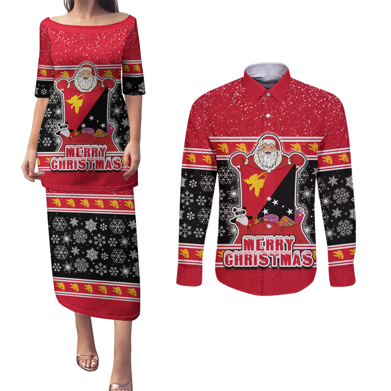 Custom Papua New Guinea Christmas Couples Matching Puletasi Dress and Long Sleeve Button Shirts Santa With Flag Of PNG Polynesian Tribal Xmas Vibe LT03 Red - Polynesian Pride