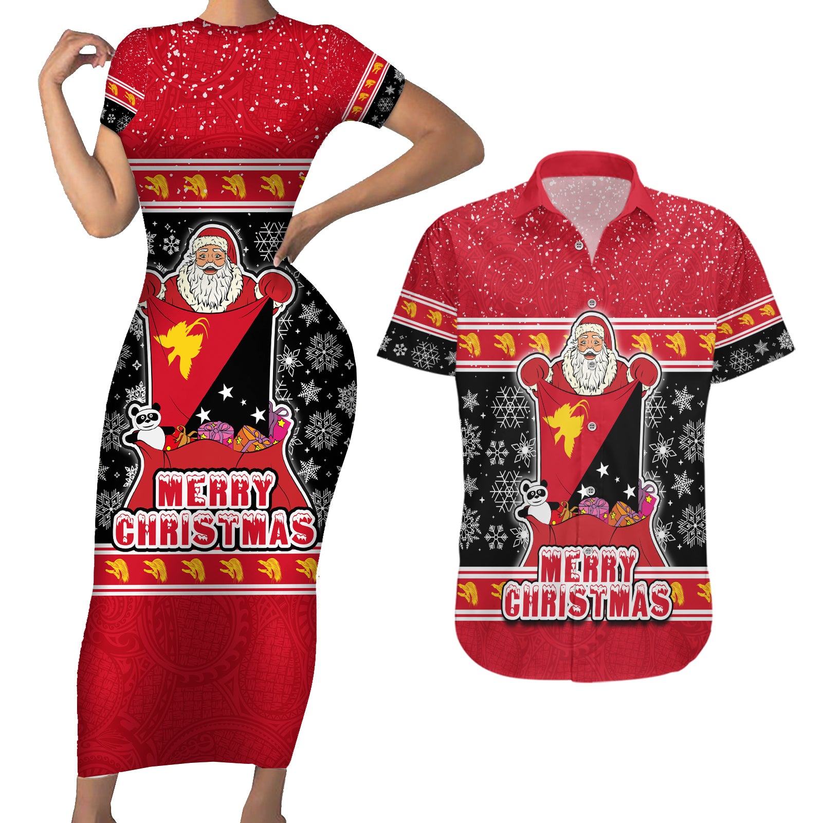 Custom Papua New Guinea Christmas Couples Matching Short Sleeve Bodycon Dress and Hawaiian Shirt Santa With Flag Of PNG Polynesian Tribal Xmas Vibe LT03 Red - Polynesian Pride