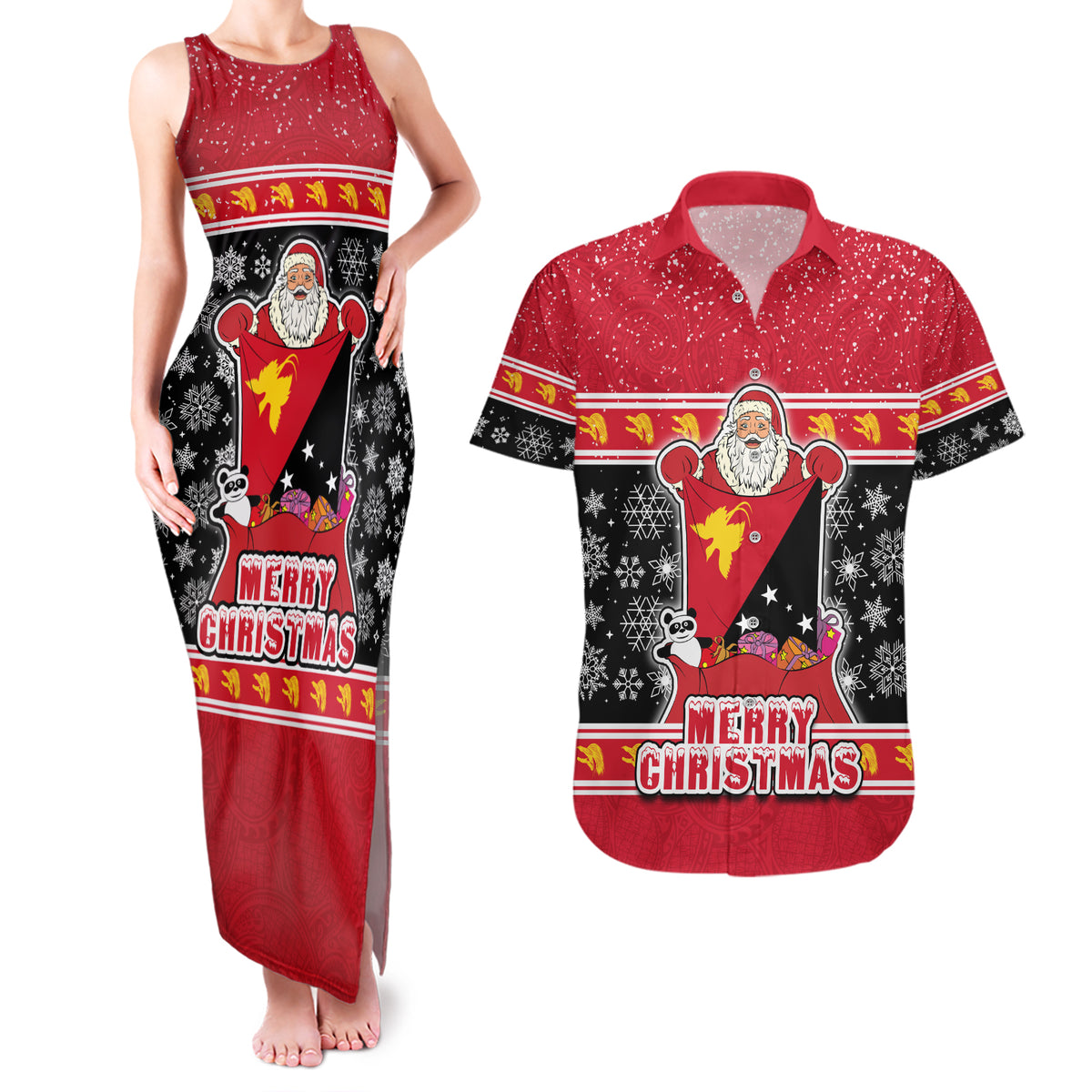 Custom Papua New Guinea Christmas Couples Matching Tank Maxi Dress and Hawaiian Shirt Santa With Flag Of PNG Polynesian Tribal Xmas Vibe LT03 Red - Polynesian Pride