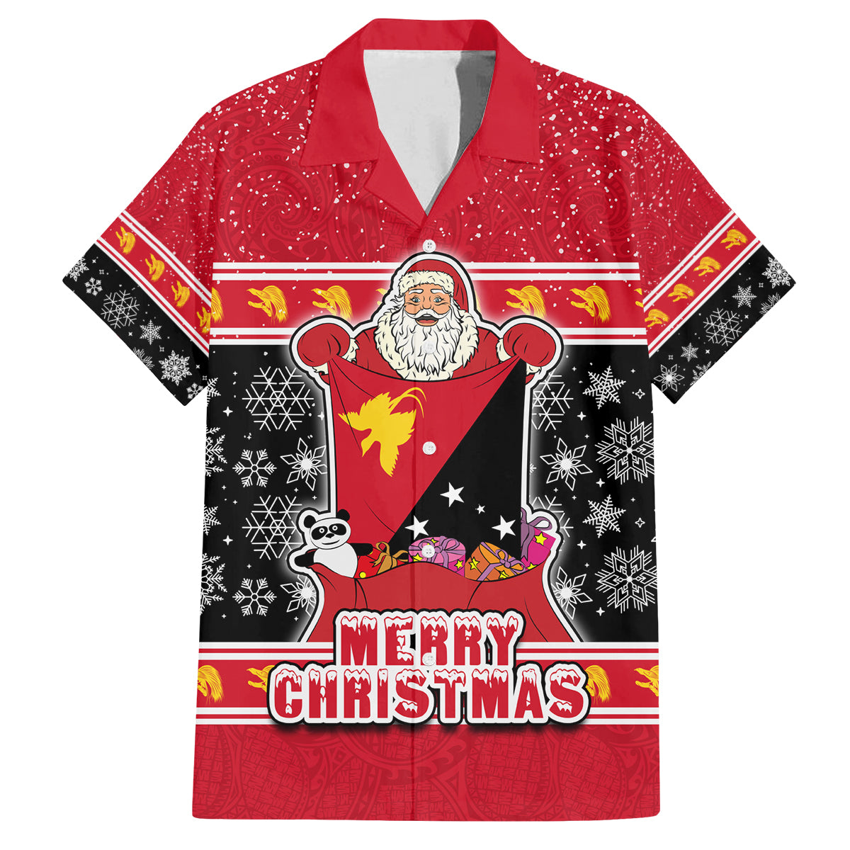 Custom Papua New Guinea Christmas Family Matching Off Shoulder Long Sleeve Dress and Hawaiian Shirt Santa With Flag Of PNG Polynesian Tribal Xmas Vibe LT03 Dad's Shirt - Short Sleeve Red - Polynesian Pride