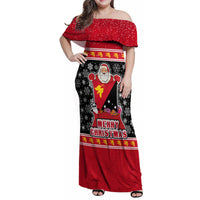 Custom Papua New Guinea Christmas Family Matching Off Shoulder Maxi Dress and Hawaiian Shirt Santa With Flag Of PNG Polynesian Tribal Xmas Vibe LT03 Mom's Dress Red - Polynesian Pride