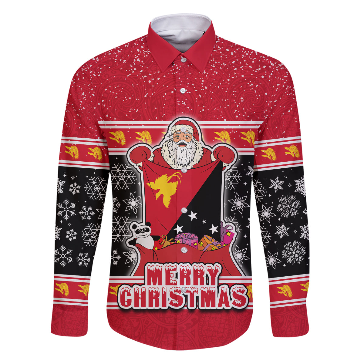 Custom Papua New Guinea Christmas Family Matching Puletasi Dress and Hawaiian Shirt Santa With Flag Of PNG Polynesian Tribal Xmas Vibe LT03 Dad's Shirt - Long Sleeve Red - Polynesian Pride