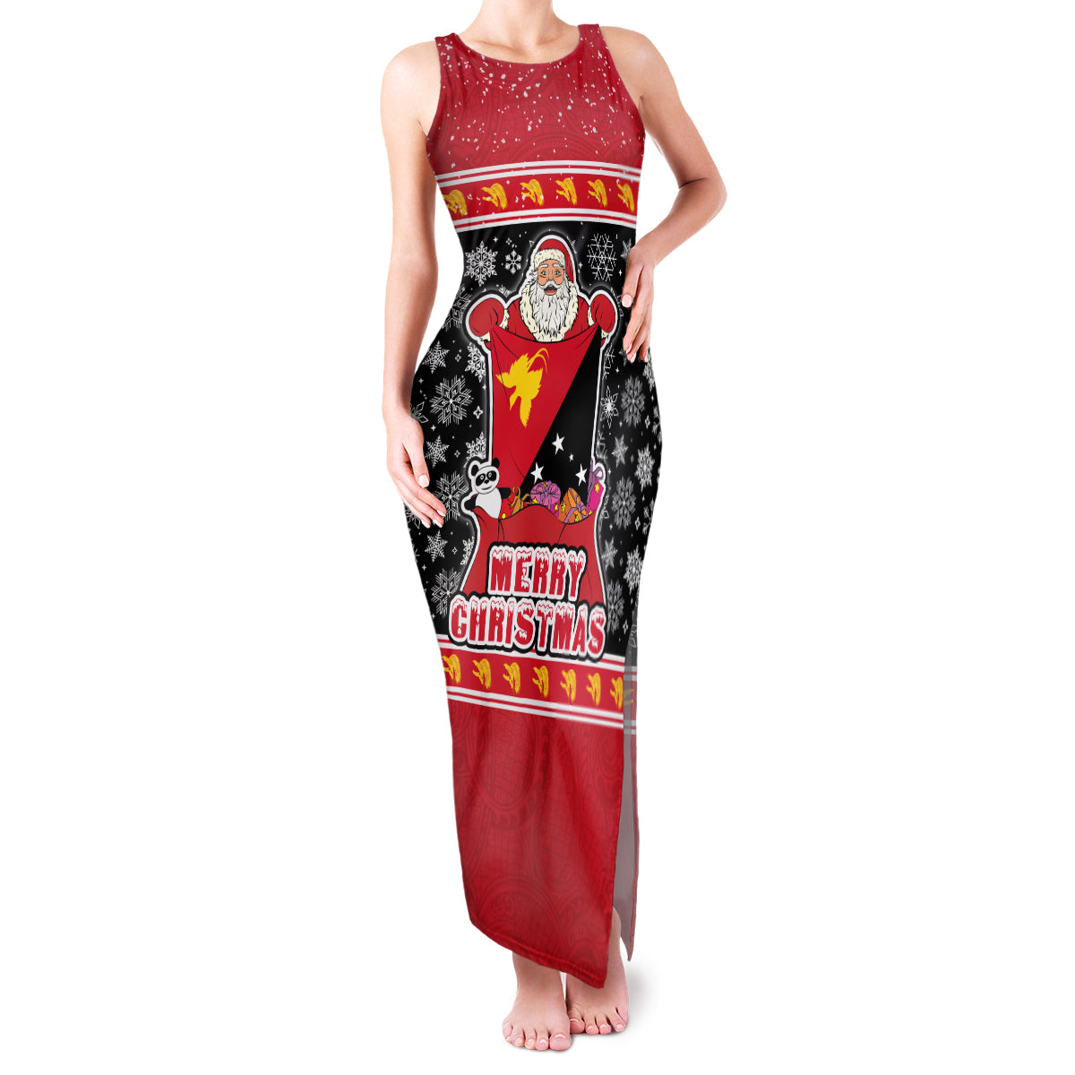 Custom Papua New Guinea Christmas Family Matching Tank Maxi Dress and Hawaiian Shirt Santa With Flag Of PNG Polynesian Tribal Xmas Vibe LT03 Mom's Dress Red - Polynesian Pride