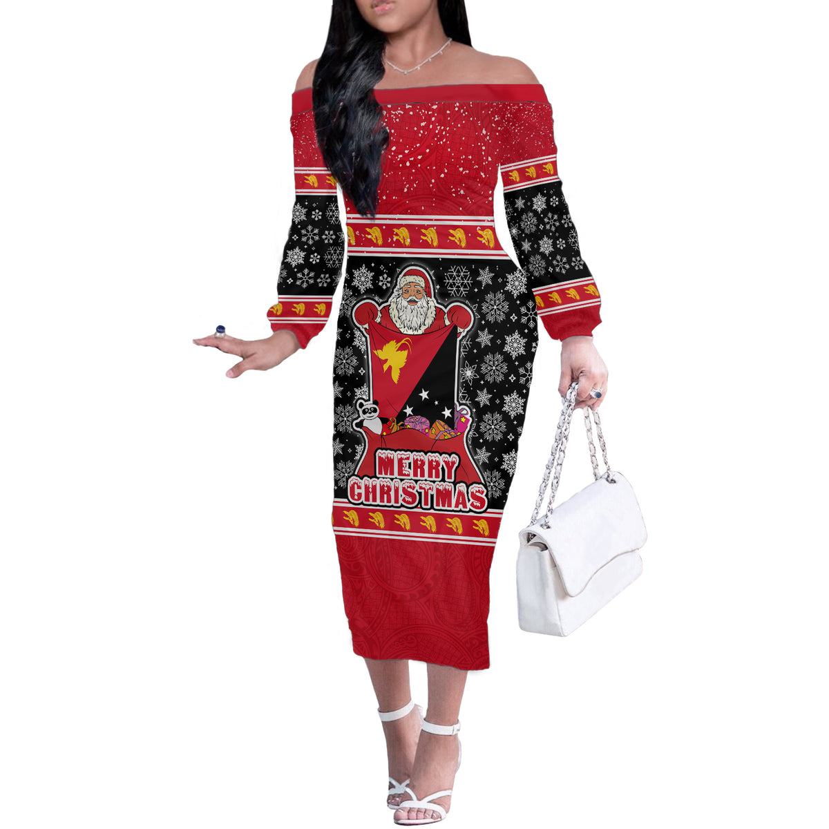 Custom Papua New Guinea Christmas Off The Shoulder Long Sleeve Dress Santa With Flag Of PNG Polynesian Tribal Xmas Vibe LT03 Women Red - Polynesian Pride