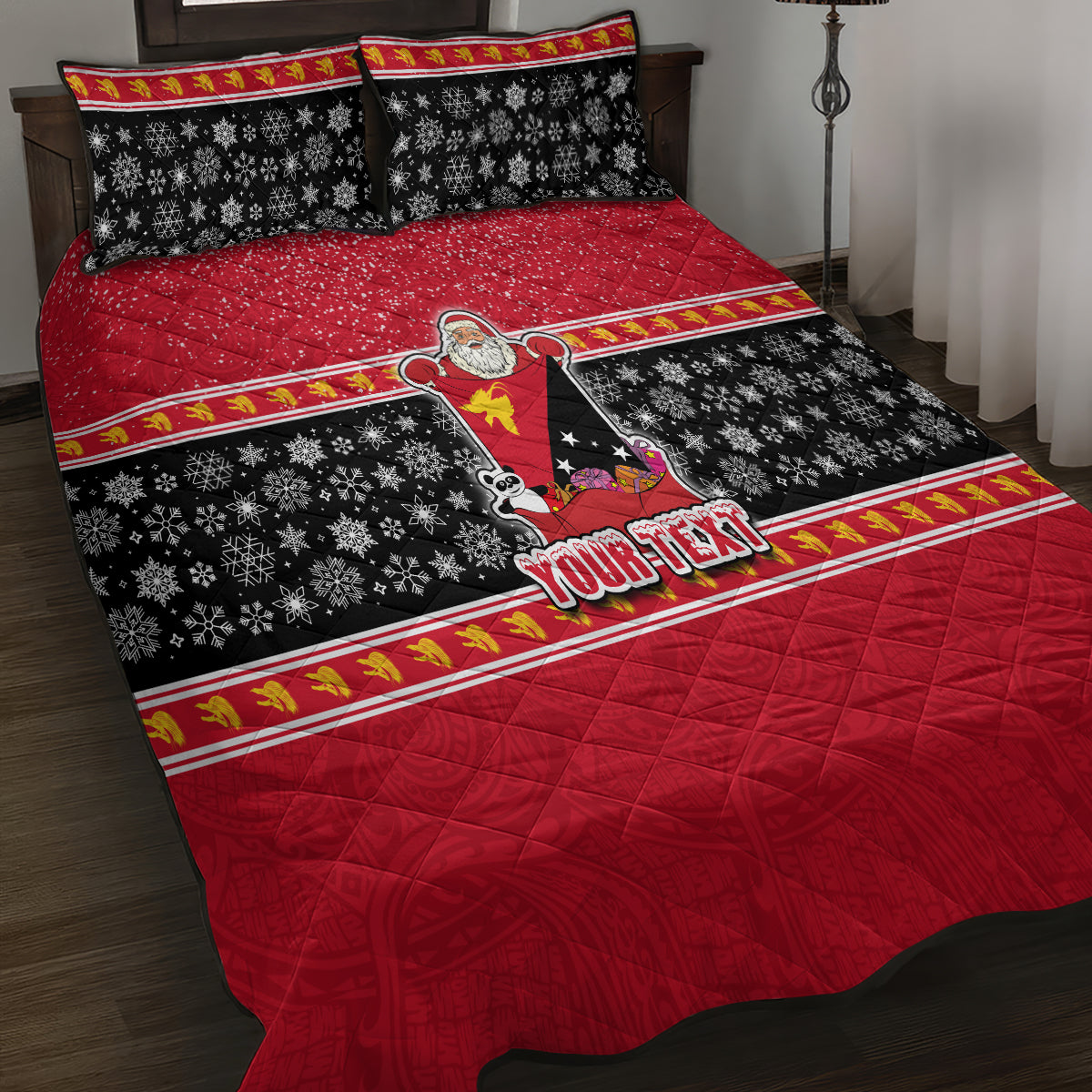 Custom Papua New Guinea Christmas Quilt Bed Set Santa With Flag Of PNG Polynesian Tribal Xmas Vibe LT03 - Polynesian Pride