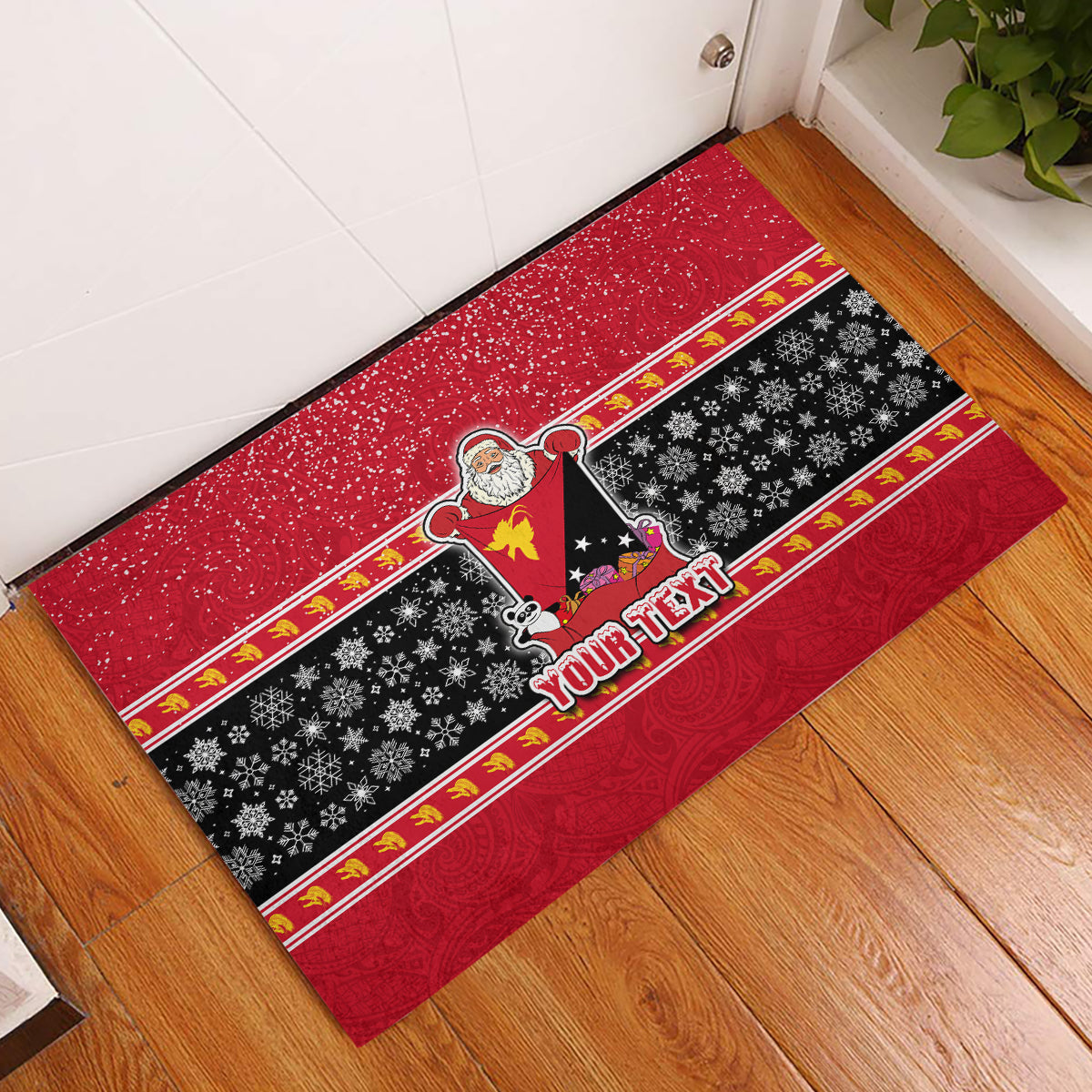 Custom Papua New Guinea Christmas Rubber Doormat Santa With Flag Of PNG Polynesian Tribal Xmas Vibe LT03 Red - Polynesian Pride