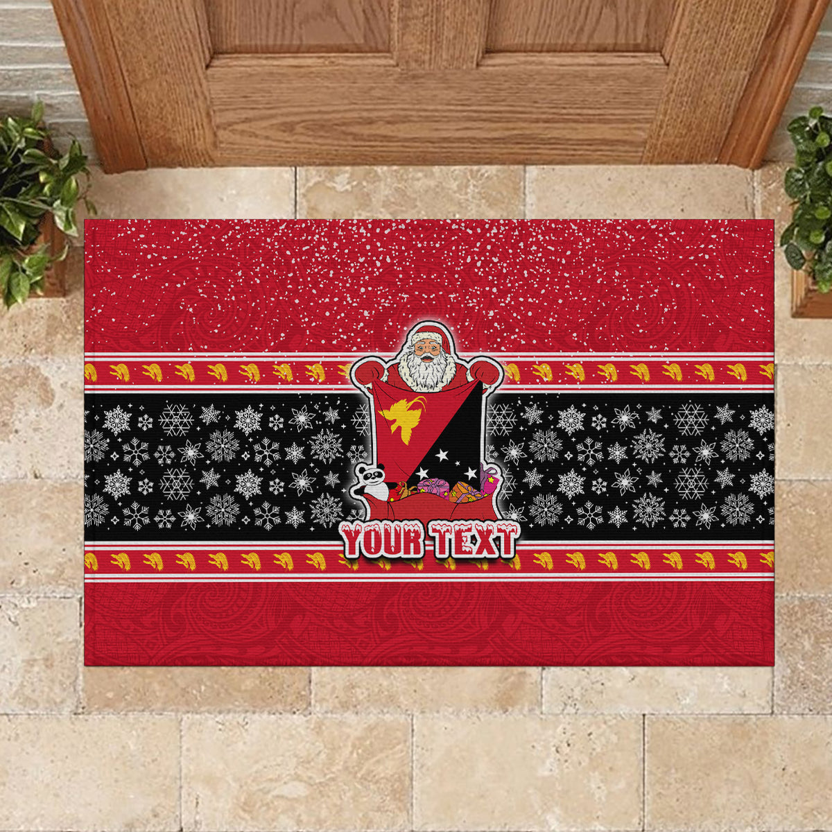 Custom Papua New Guinea Christmas Rubber Doormat Santa With Flag Of PNG Polynesian Tribal Xmas Vibe LT03 - Polynesian Pride