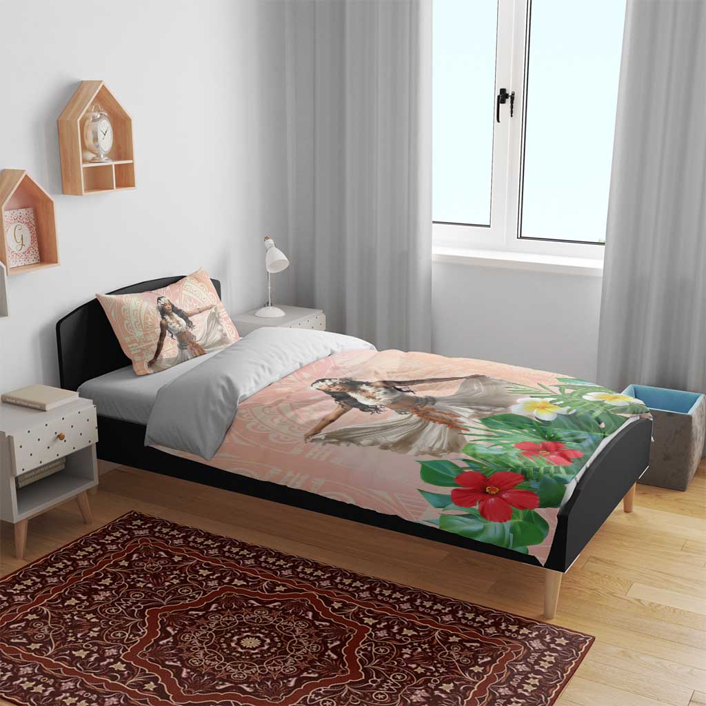 Woman Polynesian Tattoos Bedding Set Tropical Flower - Peach Fuzz Color