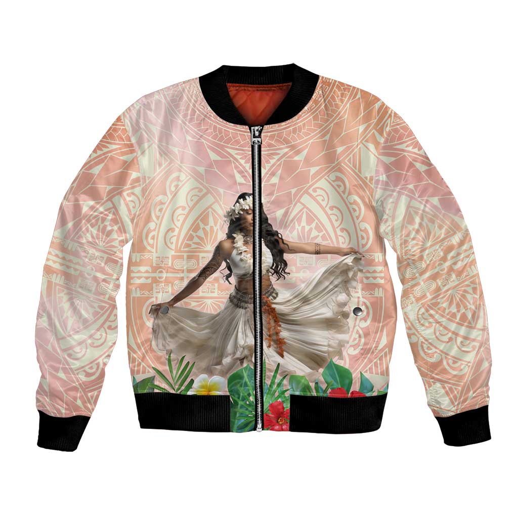 Woman Polynesian Tattoos Bomber Jacket Tropical Flower - Peach Fuzz Color