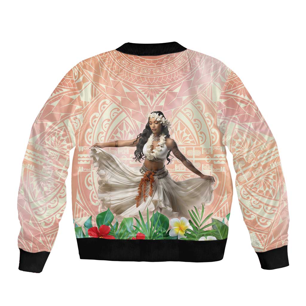 Woman Polynesian Tattoos Bomber Jacket Tropical Flower - Peach Fuzz Color LT03 - Polynesian Pride