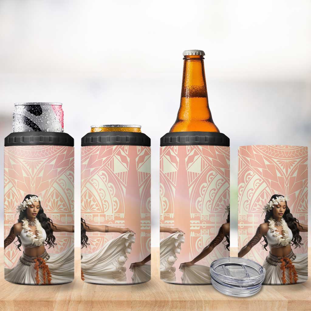 Woman Polynesian Tattoos 4 in 1 Can Cooler Tumbler Tropical Flower - Peach Fuzz Color