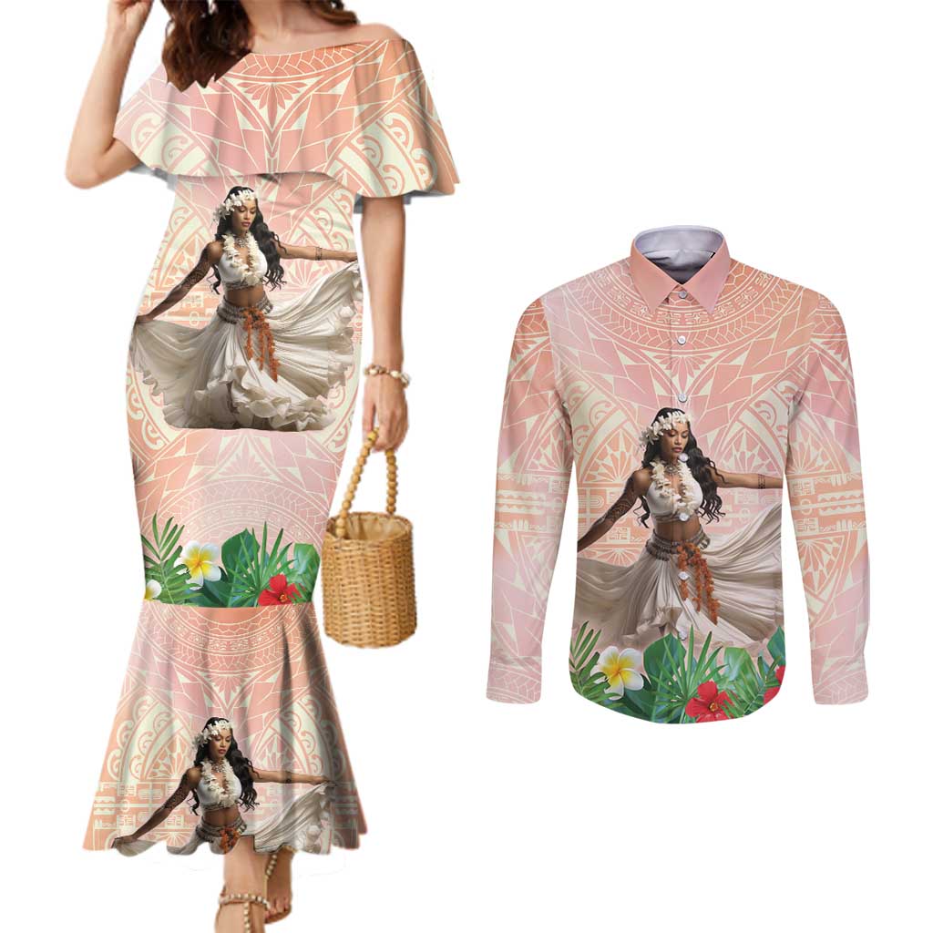 Woman Polynesian Tattoos Couples Matching Mermaid Dress and Long Sleeve Button Shirt Tropical Flower - Peach Fuzz Color LT03 Peach Fuzz - Polynesian Pride