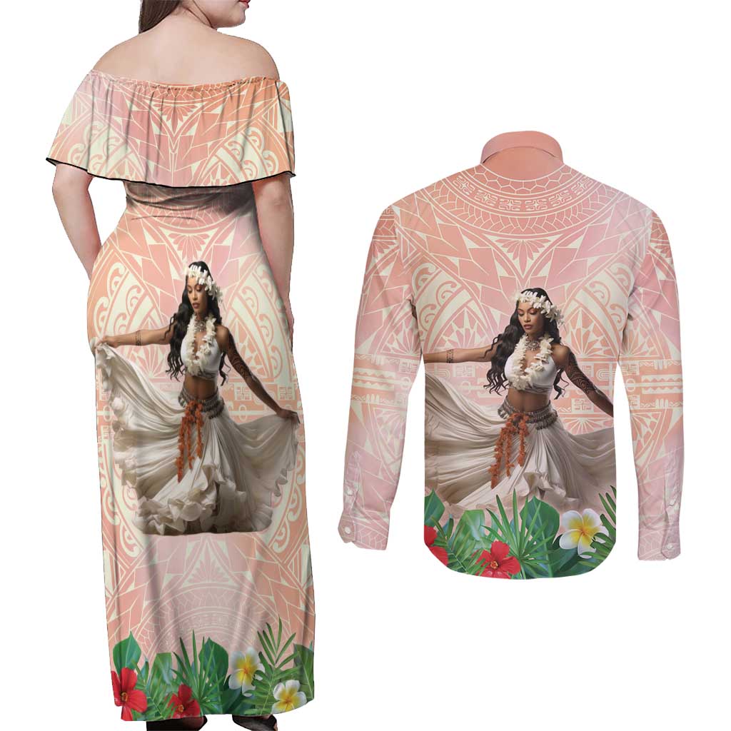 Woman Polynesian Tattoos Couples Matching Off Shoulder Maxi Dress and Long Sleeve Button Shirt Tropical Flower - Peach Fuzz Color LT03 - Polynesian Pride