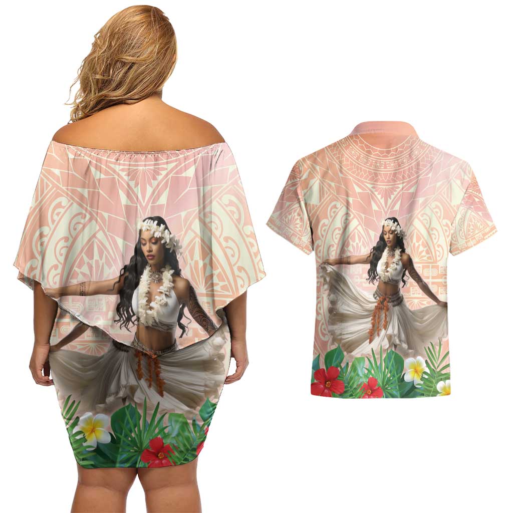 Woman Polynesian Tattoos Couples Matching Off Shoulder Short Dress and Hawaiian Shirt Tropical Flower - Peach Fuzz Color LT03 - Polynesian Pride