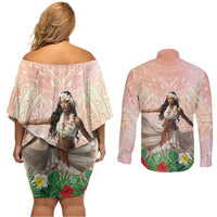Woman Polynesian Tattoos Couples Matching Off Shoulder Short Dress and Long Sleeve Button Shirt Tropical Flower - Peach Fuzz Color LT03 - Polynesian Pride