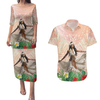 Woman Polynesian Tattoos Couples Matching Puletasi and Hawaiian Shirt Tropical Flower - Peach Fuzz Color LT03 Peach Fuzz - Polynesian Pride