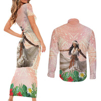 Woman Polynesian Tattoos Couples Matching Short Sleeve Bodycon Dress and Long Sleeve Button Shirt Tropical Flower - Peach Fuzz Color LT03 - Polynesian Pride