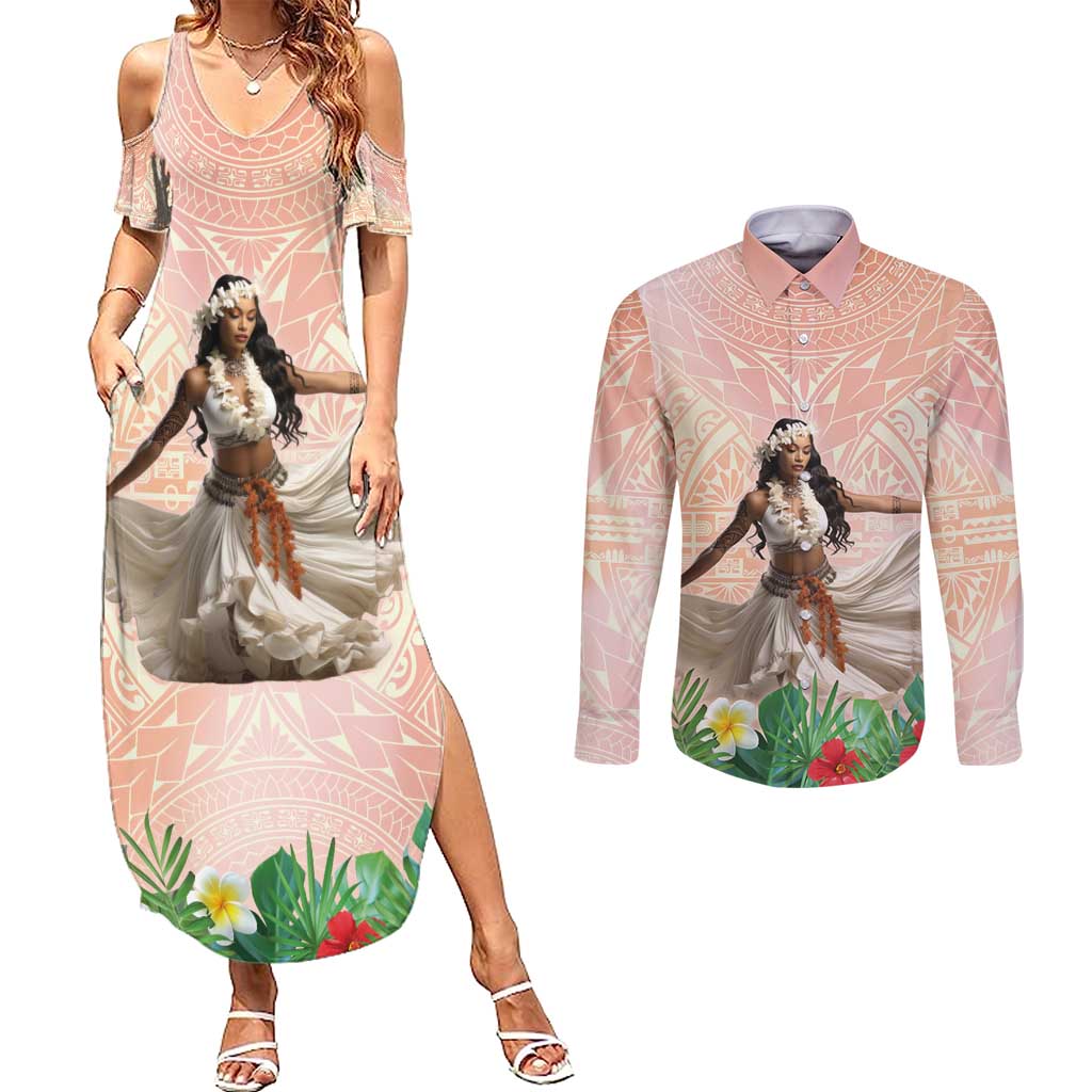Woman Polynesian Tattoos Couples Matching Summer Maxi Dress and Long Sleeve Button Shirt Tropical Flower - Peach Fuzz Color LT03 Peach Fuzz - Polynesian Pride