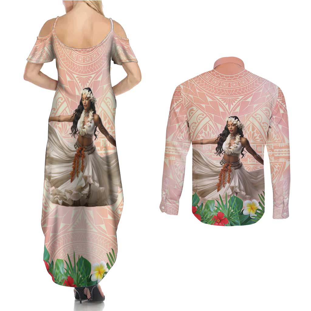 Woman Polynesian Tattoos Couples Matching Summer Maxi Dress and Long Sleeve Button Shirt Tropical Flower - Peach Fuzz Color LT03 - Polynesian Pride