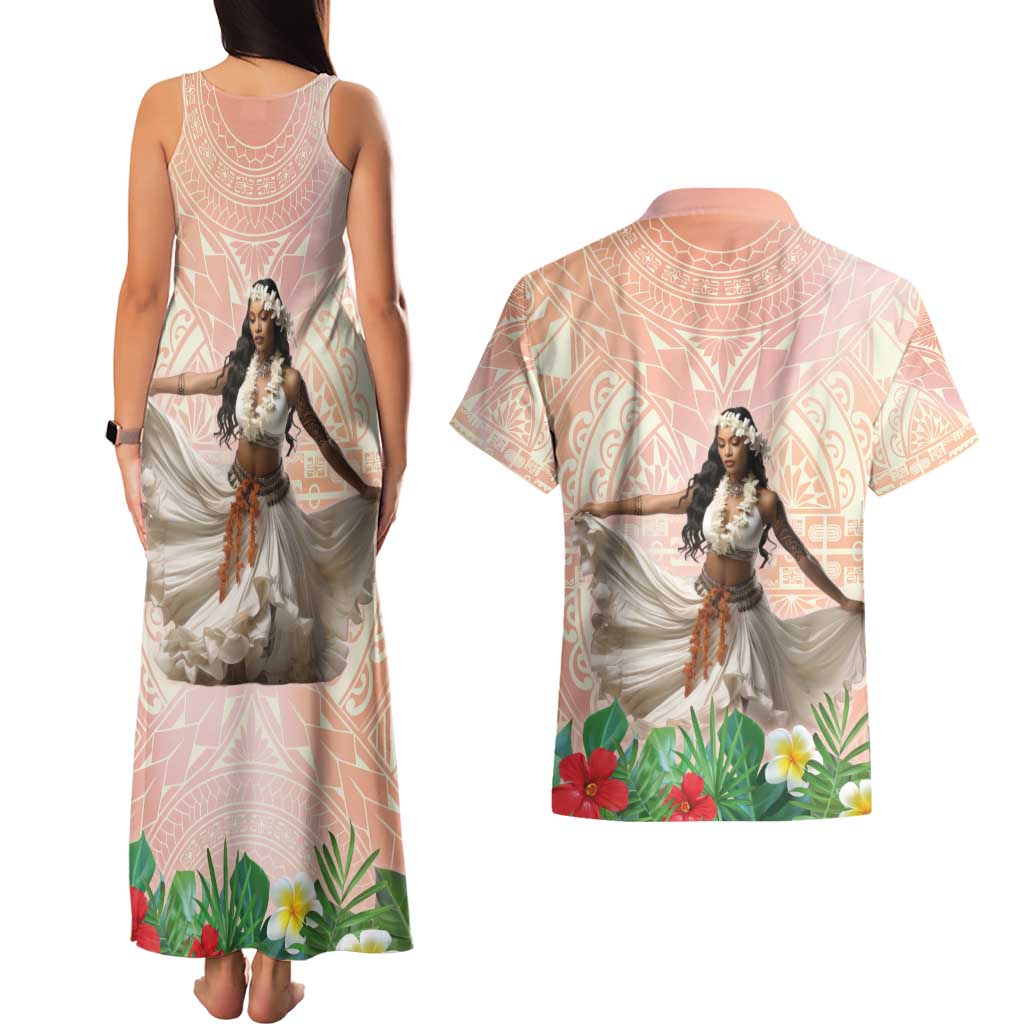 Woman Polynesian Tattoos Couples Matching Tank Maxi Dress and Hawaiian Shirt Tropical Flower - Peach Fuzz Color LT03 - Polynesian Pride