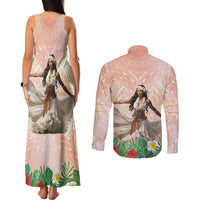Woman Polynesian Tattoos Couples Matching Tank Maxi Dress and Long Sleeve Button Shirt Tropical Flower - Peach Fuzz Color LT03 - Polynesian Pride