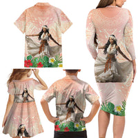 Woman Polynesian Tattoos Family Matching Long Sleeve Bodycon Dress and Hawaiian Shirt Tropical Flower - Peach Fuzz Color LT03 - Polynesian Pride