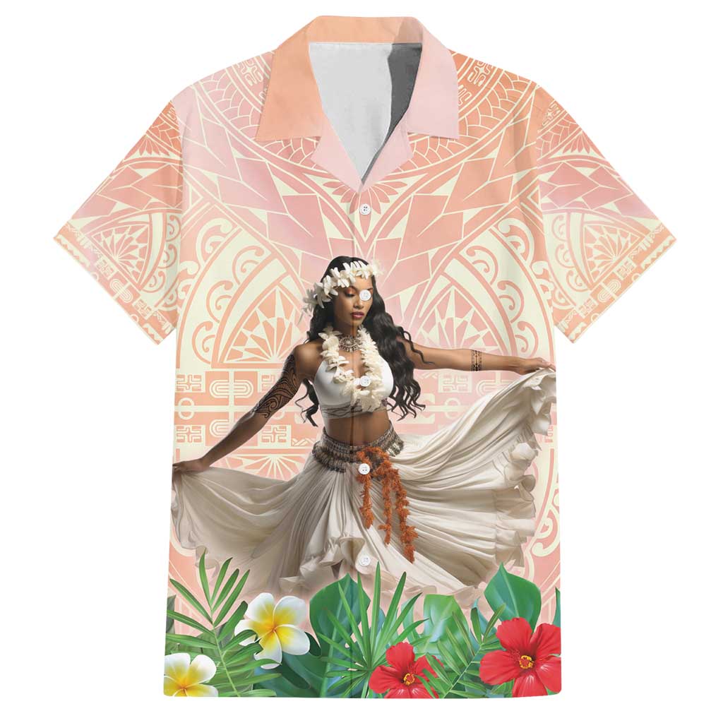 Woman Polynesian Tattoos Family Matching Long Sleeve Bodycon Dress and Hawaiian Shirt Tropical Flower - Peach Fuzz Color LT03 Dad's Shirt - Short Sleeve Peach Fuzz - Polynesian Pride