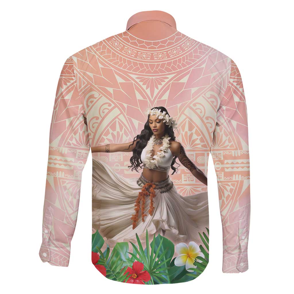 Woman Polynesian Tattoos Family Matching Long Sleeve Bodycon Dress and Hawaiian Shirt Tropical Flower - Peach Fuzz Color LT03 - Polynesian Pride