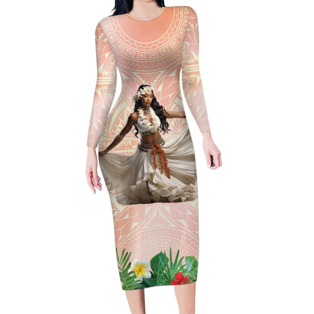 Woman Polynesian Tattoos Family Matching Long Sleeve Bodycon Dress and Hawaiian Shirt Tropical Flower - Peach Fuzz Color LT03 Mom's Dress Peach Fuzz - Polynesian Pride