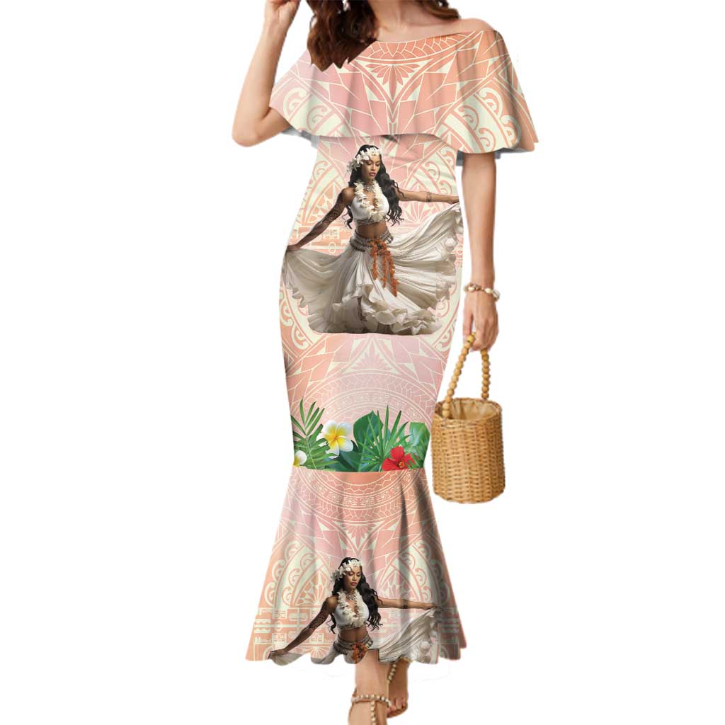 Woman Polynesian Tattoos Family Matching Mermaid Dress and Hawaiian Shirt Tropical Flower - Peach Fuzz Color LT03 Mom's Dress Peach Fuzz - Polynesian Pride