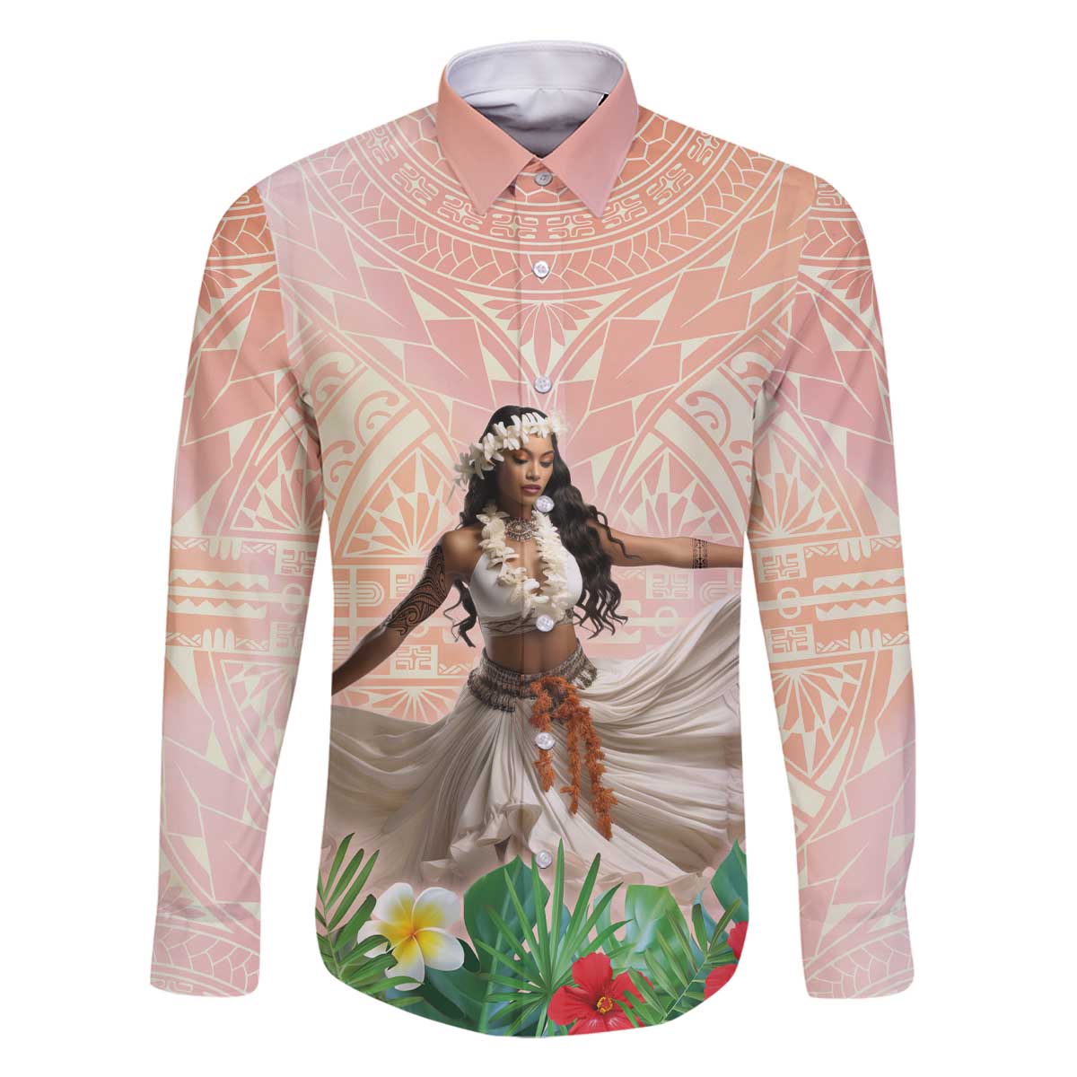 Woman Polynesian Tattoos Family Matching Off The Shoulder Long Sleeve Dress and Hawaiian Shirt Tropical Flower - Peach Fuzz Color